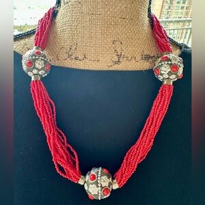 Multi Strand Red Beaded Necklace, with 3 Silver Toned decorated beads
